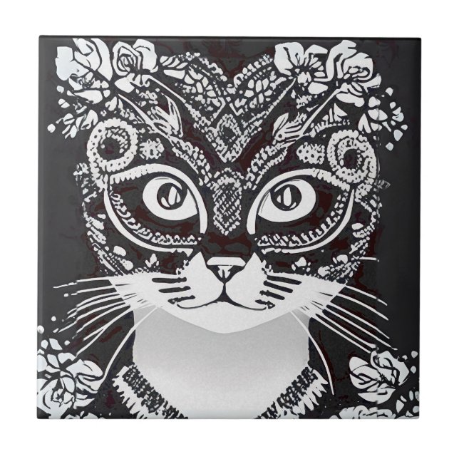 Cat in a Black and White Mardi Gras Mask Ceramic Tile (Front)