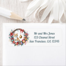 Cat in a Christmas Floral Wreath 2- Return address