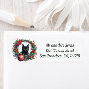 Cat in a Christmas Floral Wreath 3- Return address Label