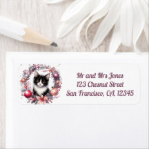 Cat in a Christmas Floral Wreath 3- Return address