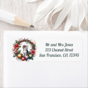 Cat in a Christmas Floral Wreath 7- Return address Label