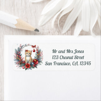 Cat in a Christmas Floral Wreath 8- Return address Label