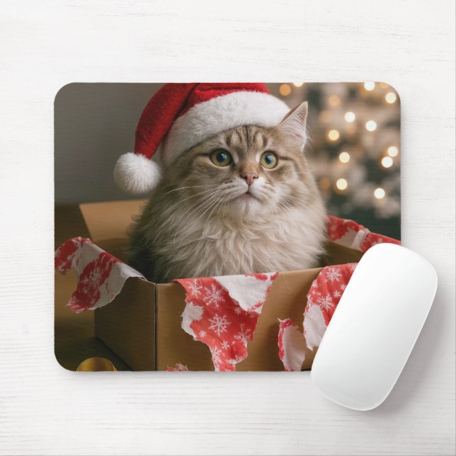 Cat In a Christmas Gift Box Mouse Pad (With Mouse)