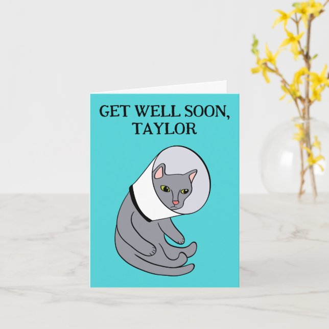 Cat in a Cone Collar Personalised Get Well Card (Yellow Flower)