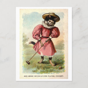 Cat in a Dress Playing Croquet Vintage Postcard