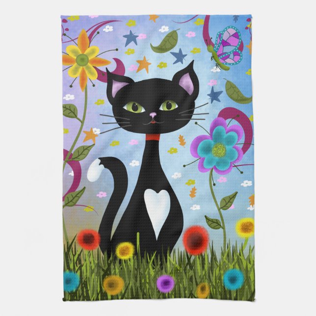 Cat In A Garden Abstract Art Tea Towel (Vertical)