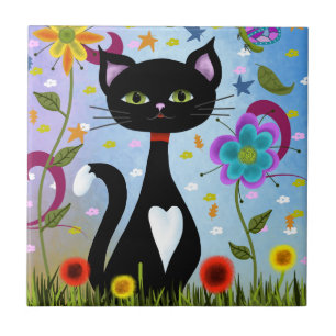 Cat In A Garden Abstract Art Tile