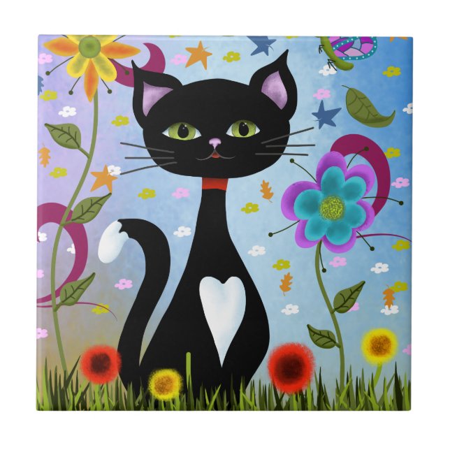 Cat In A Garden Abstract Art Tile (Front)