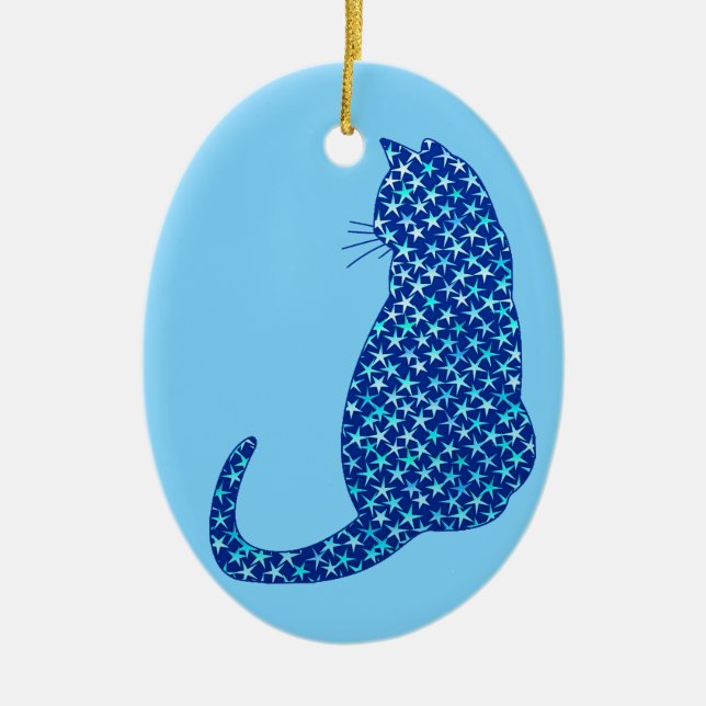 Cat in a Pattern of Stars on Deep Blue Ceramic Ornament (Front)