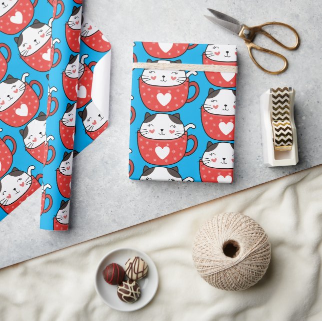cat in a red teacup wrapping paper (Crafts)