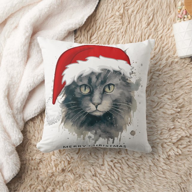Cat In A Santa Hat Merry Christmas Cushion (Blanket)