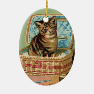 Cat in a Sewing Basket Ceramic Ornament