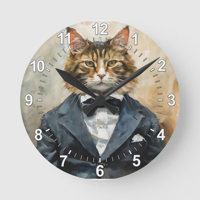 Cat in a Suit Round Clock (Front)