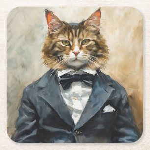 Cat in a Suit Square Paper Coaster