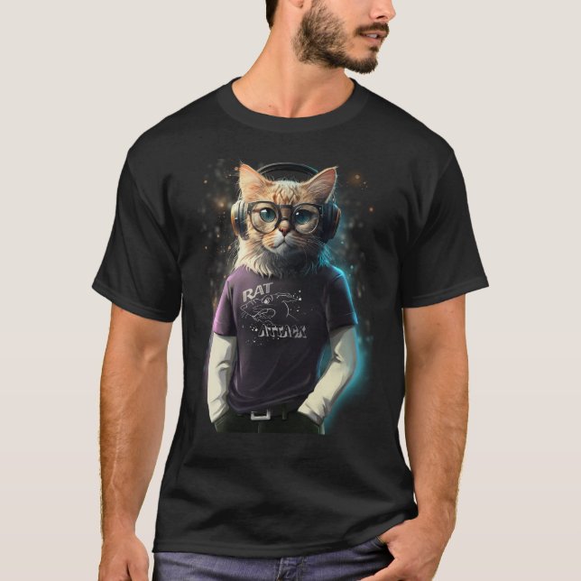 Cat in a t-shirt, headphones and glasses T-Shirt (Front)