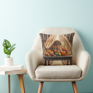 Cat In a Thanksgiving Cornucopia Cushion