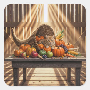 Cat In a Thanksgiving Cornucopia Square Sticker