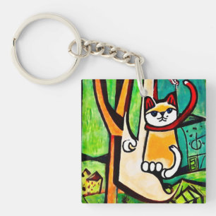 Cat in a tree- abstract naive key ring