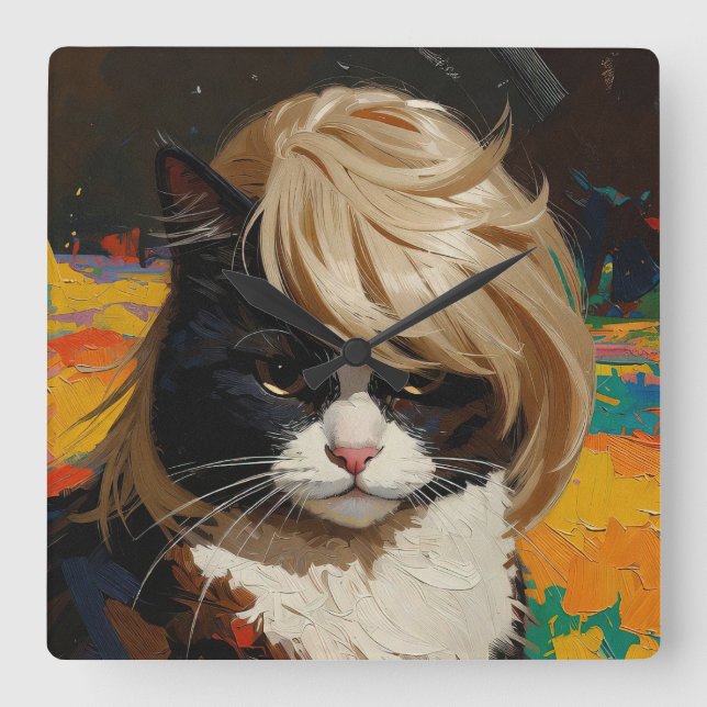 Cat In A Wig (#2) Square Wall Clock (Front)