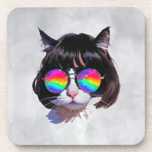 Cat in a Wig + Sunglasses (Painting #1) Coaster