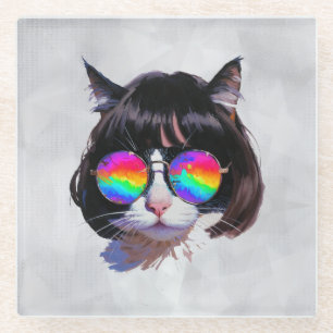 Cat in a Wig + Sunglasses (Painting #1) Glass Coaster