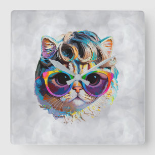 Cat in a Wig + Sunglasses (Painting #4) Square Wall Clock