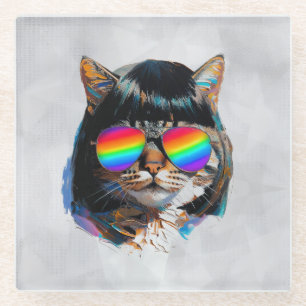 Cat in a Wig + Sunglasses (Painting #5) Glass Coaster