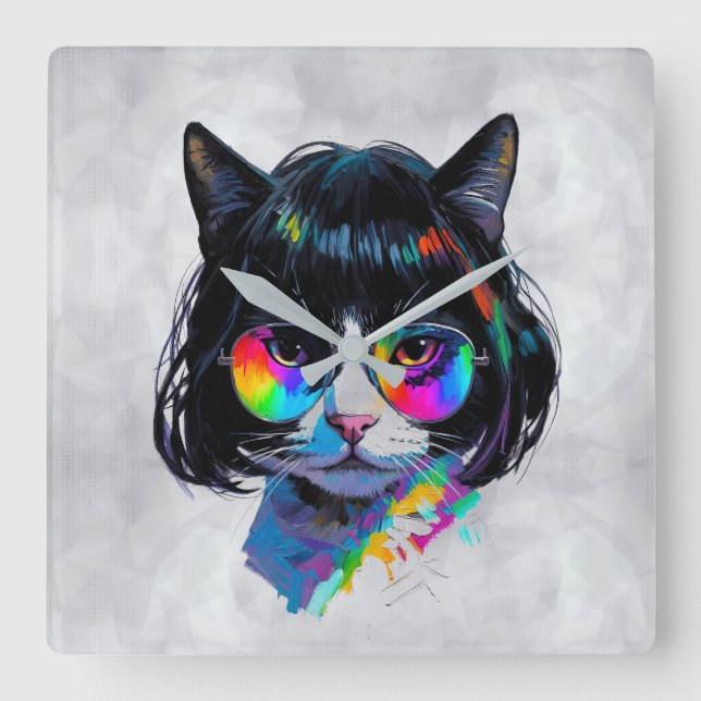 Cat in a Wig + Sunglasses (Painting #6) Square Wall Clock (Front)