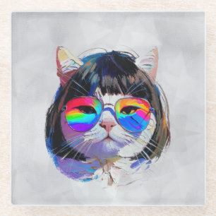 Cat in a Wig + Sunglasses (Painting #7) Glass Coaster