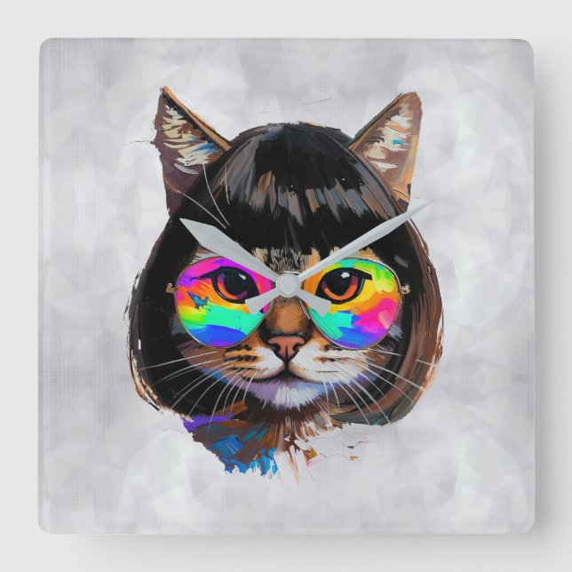 Cat in a Wig + Sunglasses (Painting #9) Square Wall Clock (Front)
