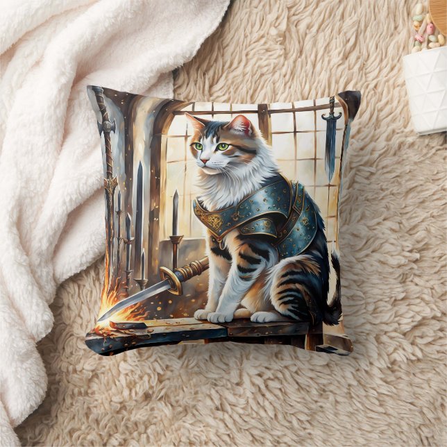 Cat in Armour Surrounded by Swords at Dawn Cushion (Blanket)