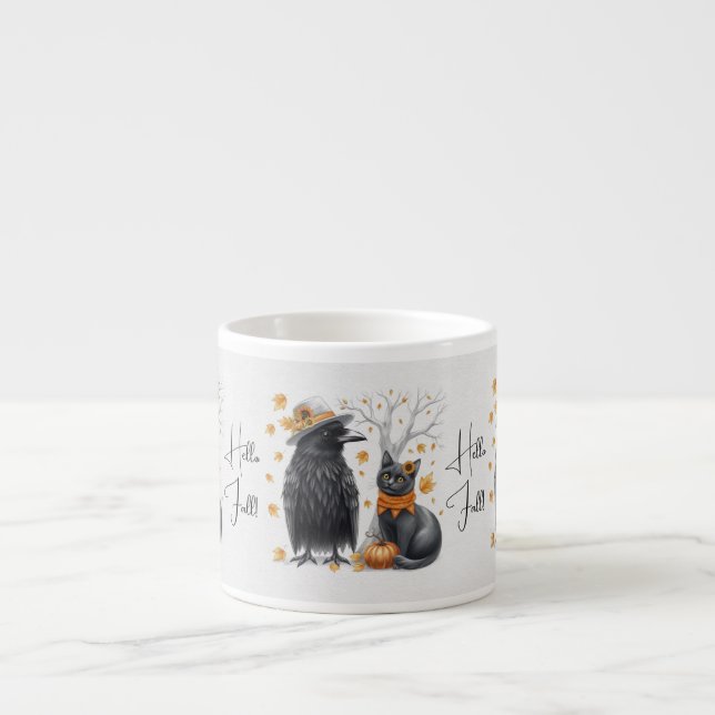 Cat in autumn "Hello fall" Crow Espresso Cup (Front)