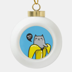 Cat in banana ceramic ball christmas ornament