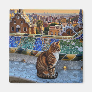 Cat in Barcelona Spain Park Güell Travel Magnet