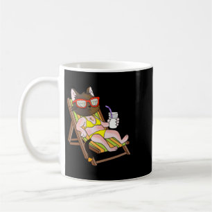 Cat In Bikini On Beach Chair Drinking Coffee Mug