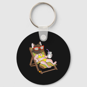 Cat In Bikini On Beach Chair Drinking Key Ring