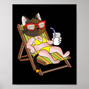 Cat In Bikini On Beach Chair Drinking Poster