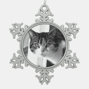Cat in black and white snowflake pewter christmas ornament