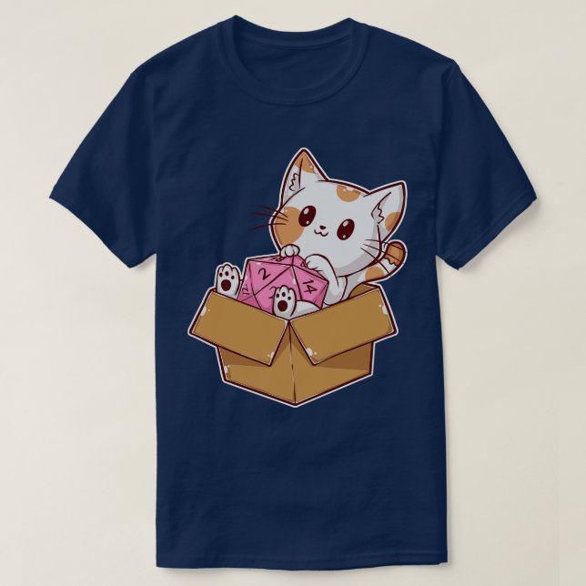 Cat in Box With D20 Dice T-Shirt (Design Front)