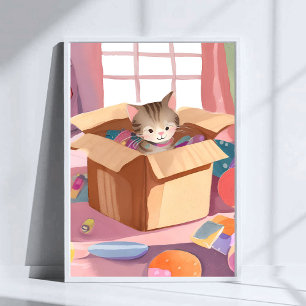 Cat in Cardboard Box   Kitten Watercolor Cat Art Poster