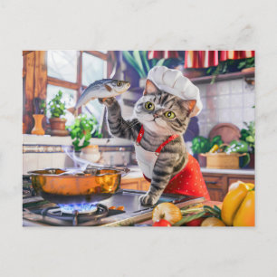 Cat in chef hat cooking with vegetables and fish holiday postcard