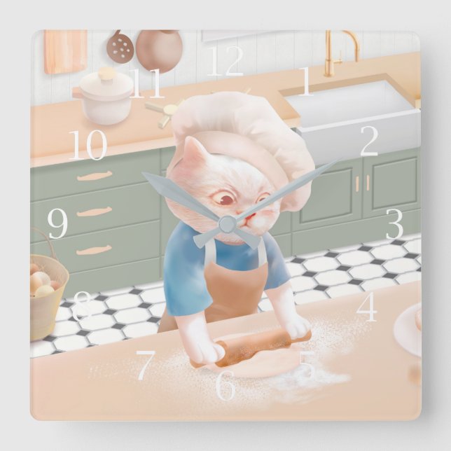 Cat In Chef Hat Rolling Dough at Kitchen Square Wa Square Wall Clock (Front)