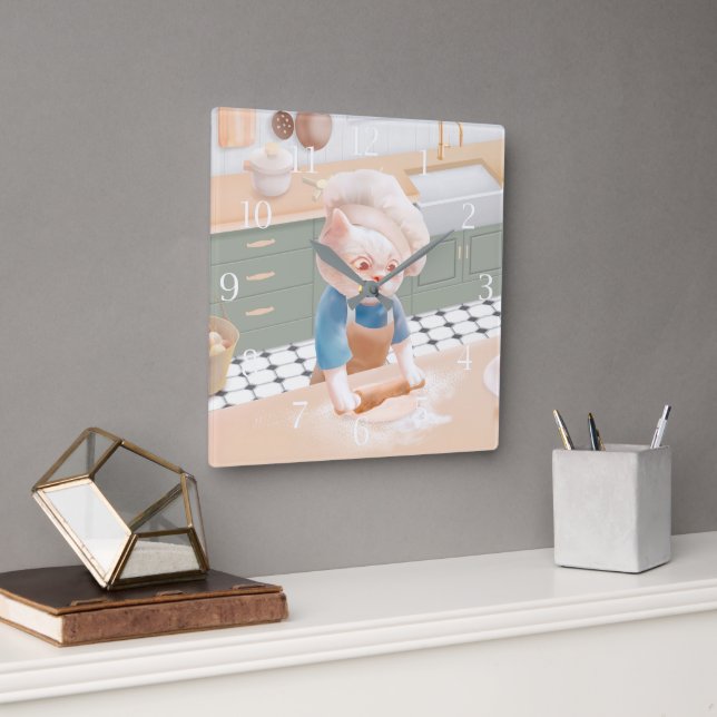 Cat In Chef Hat Rolling Dough at Kitchen Square Wa Square Wall Clock (Office)