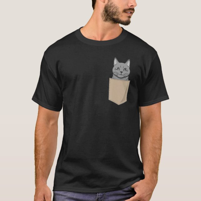 Cat In Chest Pocket Print Kitten Cat T-Shirt (Front)