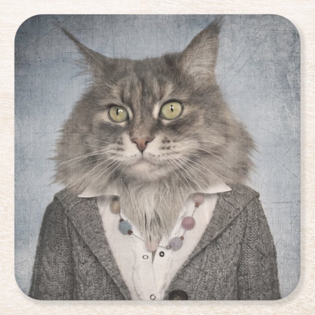 Cat In Clothes Square Paper Coaster (Front)