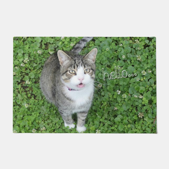Cat in Clover Saying Hello Doormat (Front)