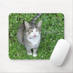 Cat in Clover Saying Hello Mouse Pad