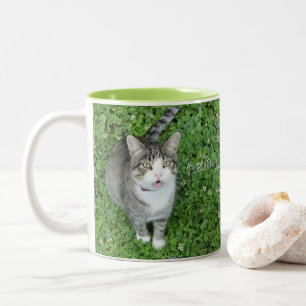 Cat in Clover Saying Hello Two-Tone Coffee Mug