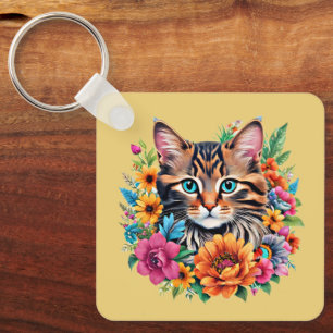Cat in Colourful Floral Wreath Key Ring