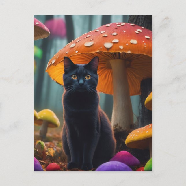 cat in colourful mushrooms postcard (Front)